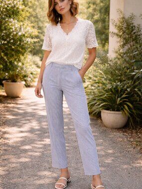 Anne Klein Striped Ankle Pants Size 6 Navy White Nautical Summer Slim Fit